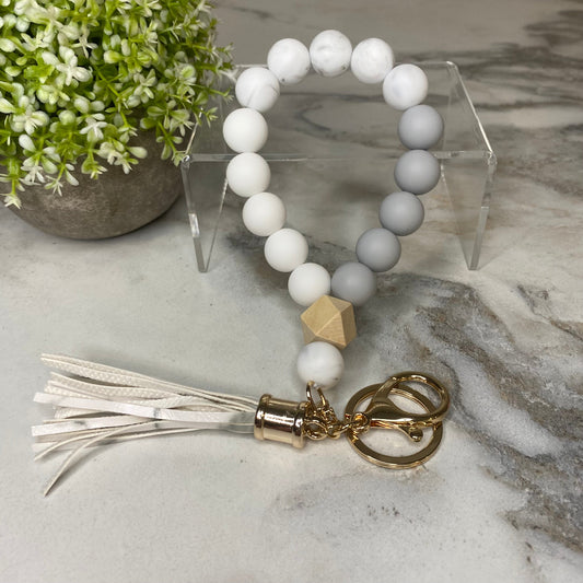 Silicone Bracelet Keychain with Wood Bead & Tassel - White Marble