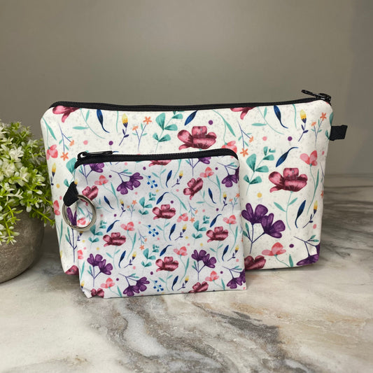 Pouch & Mini Pouch Bundled Set - Floral White Maroon Purple