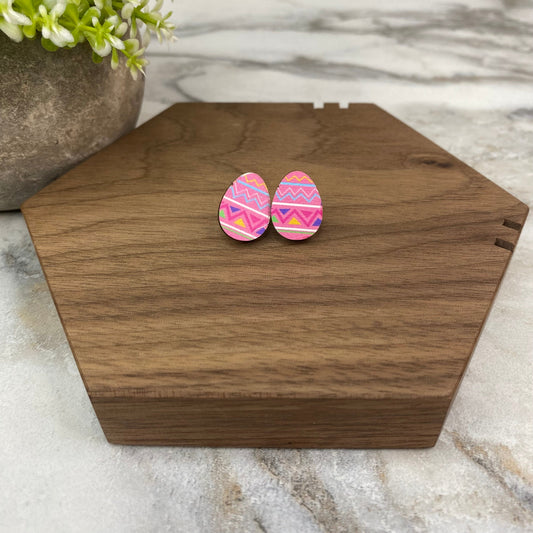 Wooden Stud Earrings - Easter Egg Design - #2