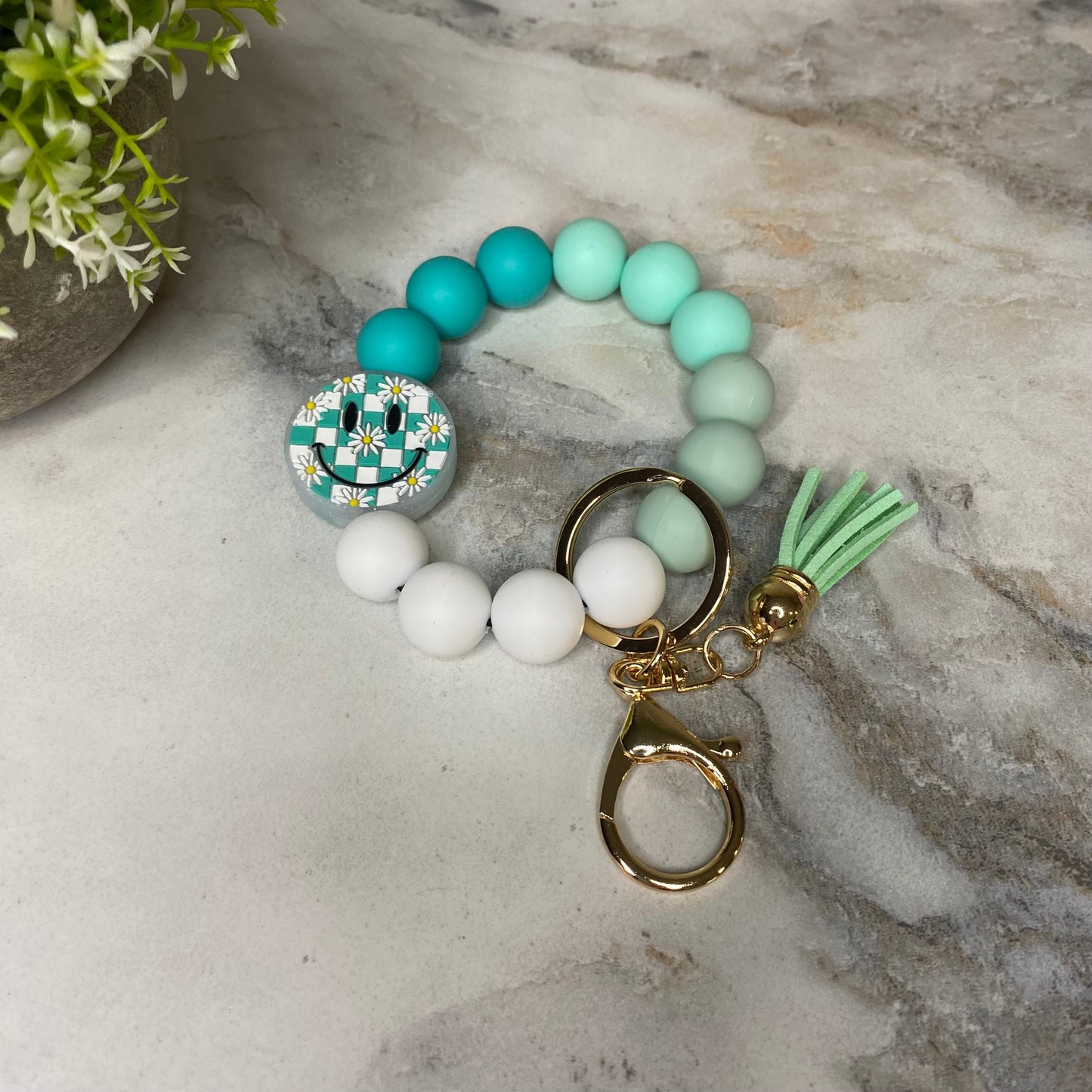 Silicone Bracelet Keychain - Happy Face - Mint