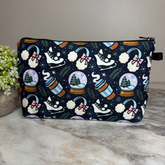Pouch - Christmas Holiday -  Navy Blue Snow Globe Ice Skate