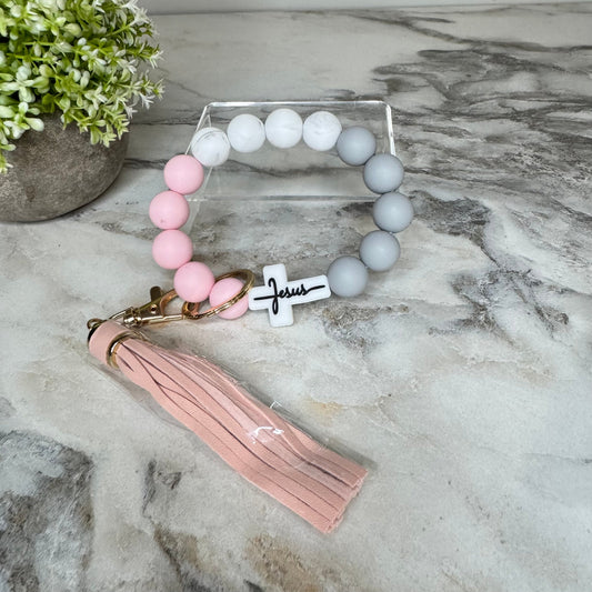 Silicone Bracelet Keychain - Religious, Jesus, White & Pink