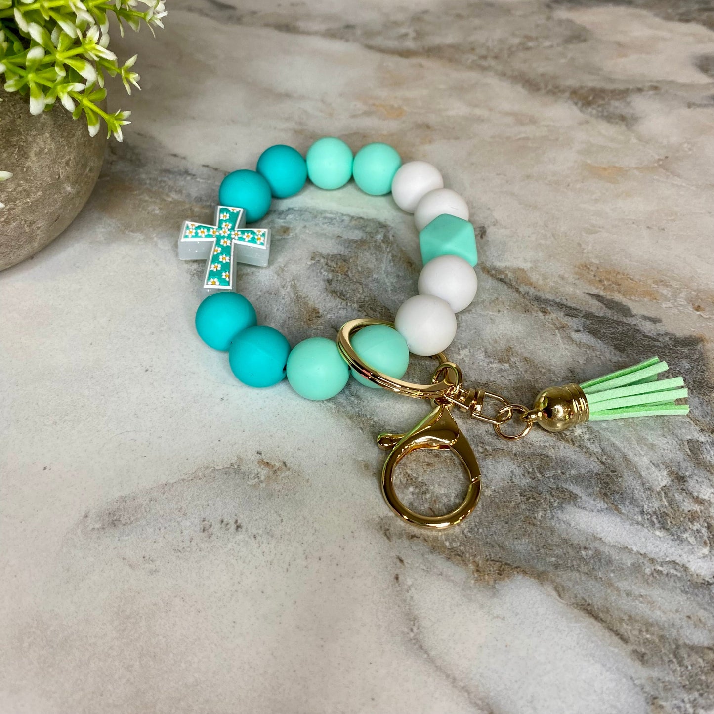 Silicone Bracelet Keychain - Cross - Mint