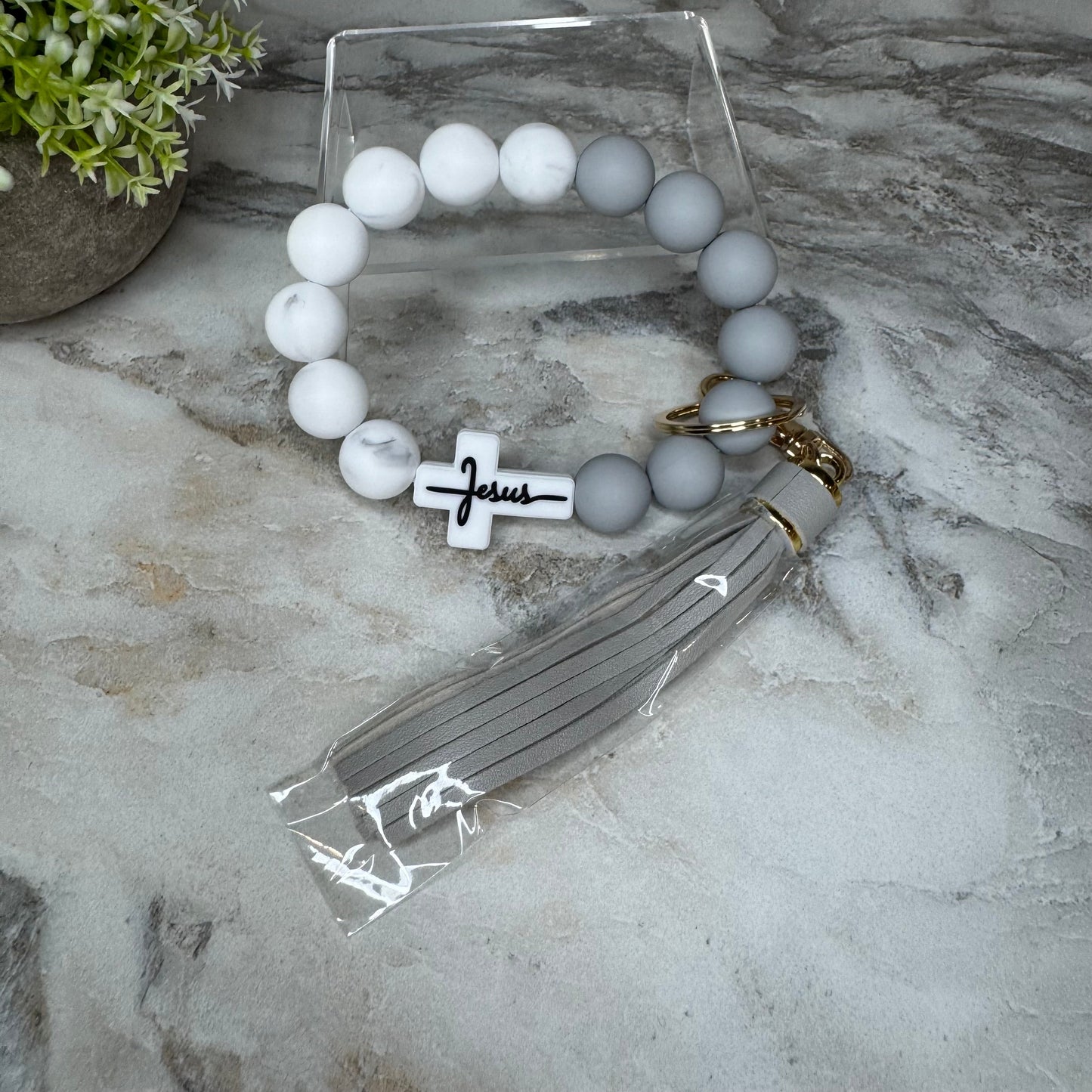 Silicone Bracelet Keychain - Religious, Jesus, White & Grey