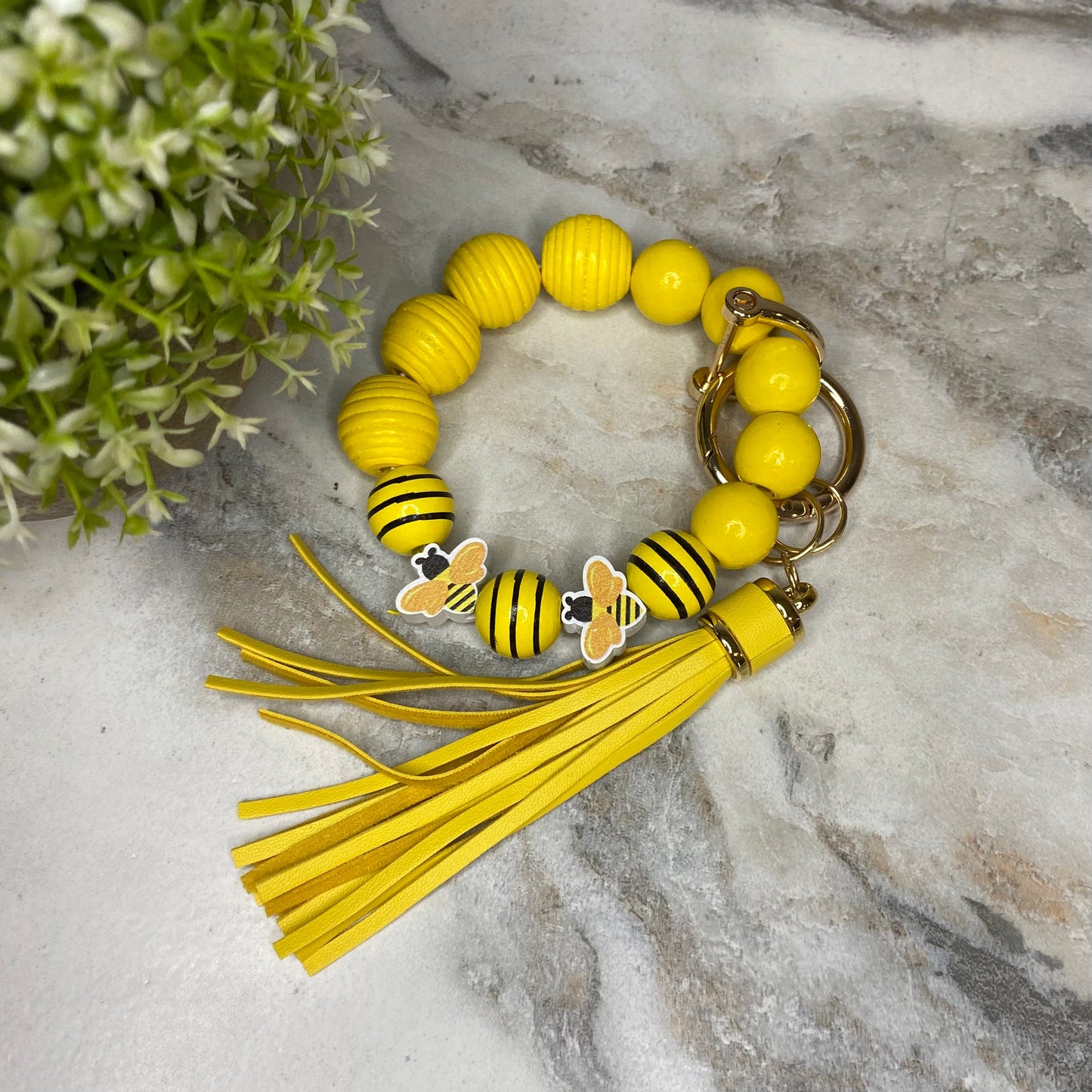 Wooden Bead Bracelet Keychain - Bee