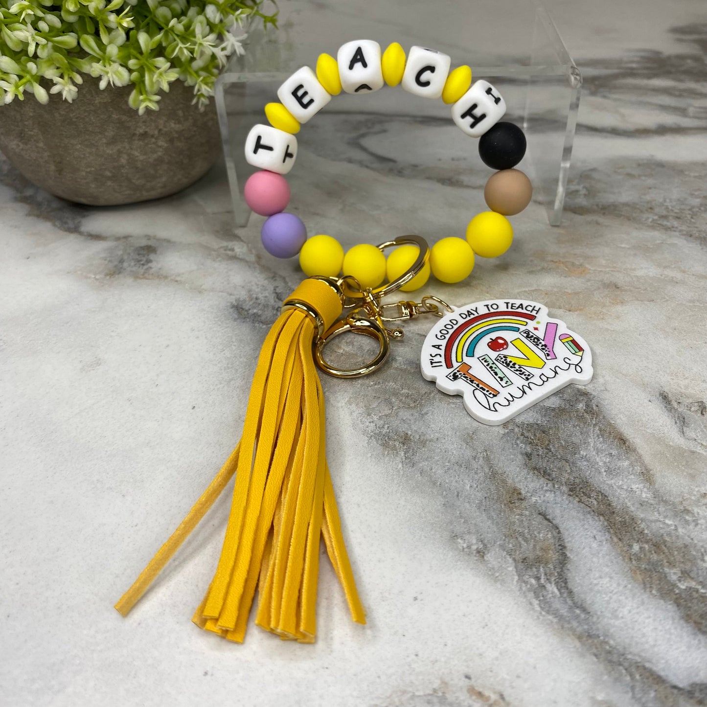 Silicone & Acrylic Bracelet Keychain - Teach - Yellow