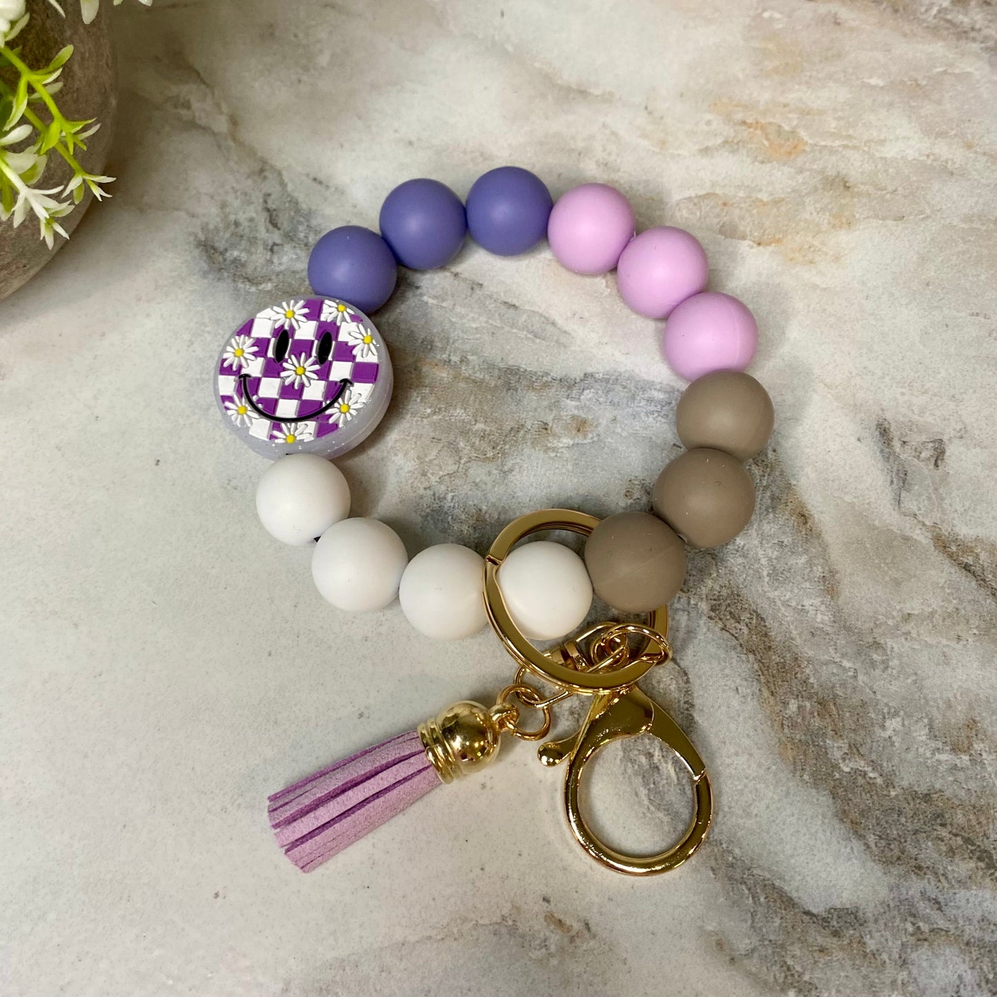 Silicone Bracelet Keychain - Happy Face - Purple