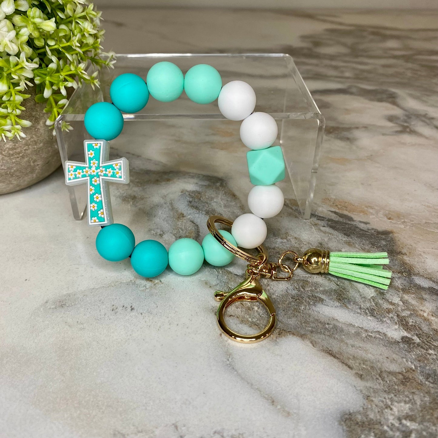 Silicone Bracelet Keychain - Cross - Mint