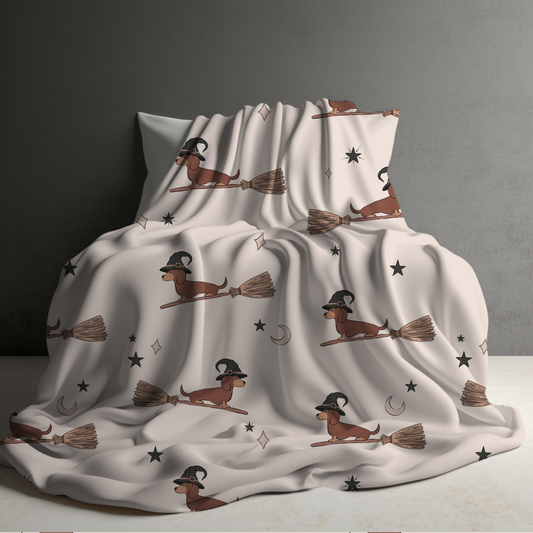 Blanket - Halloween - Dog Dachshund Witch Broom - PREORDER 7/29-8/1