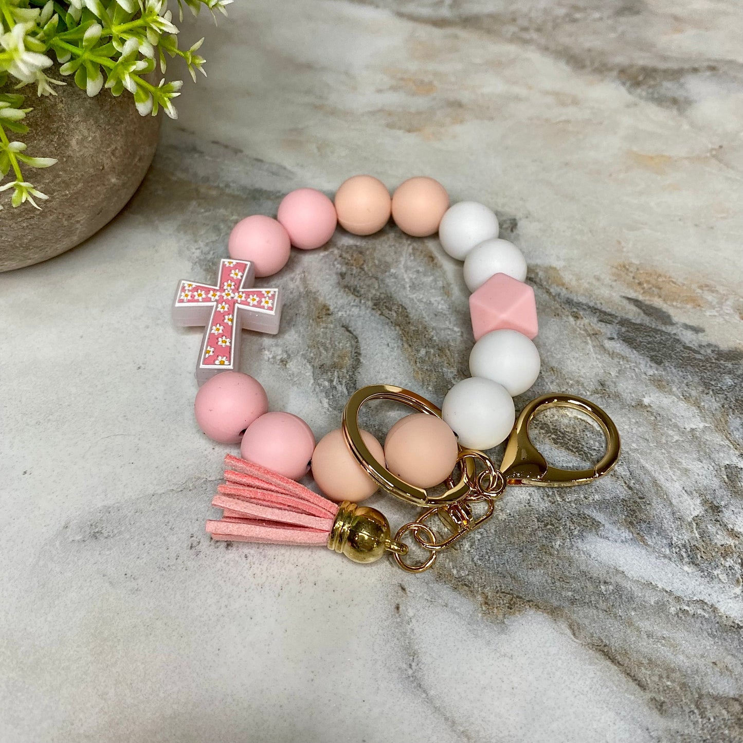 Silicone Bracelet Keychain - Cross - Light Pink