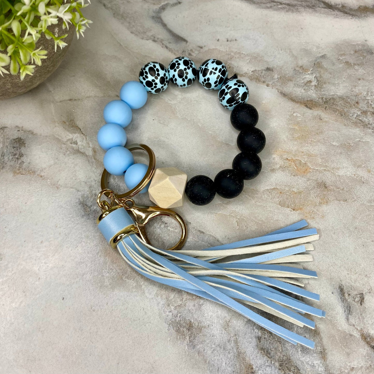 Silicone & Wood Bracelet Keychain - Paw Prints - Blue