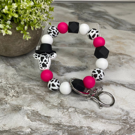 Silicone Bracelet Keychain - Cow Hot Pink